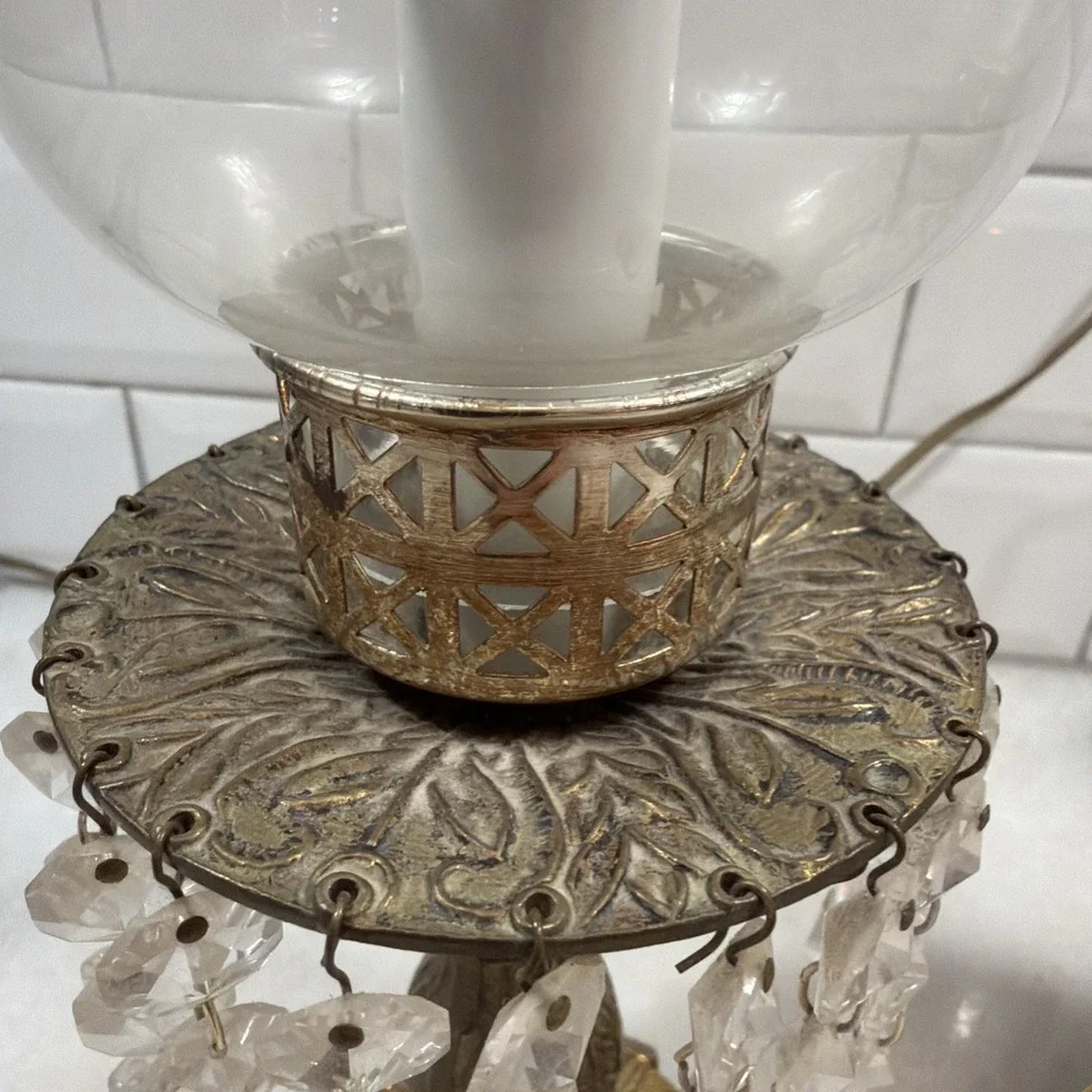 MCM Vtg Art Deco Pair Of Footed Brass Dangling Crystal Hurricane Lamps OLA0001